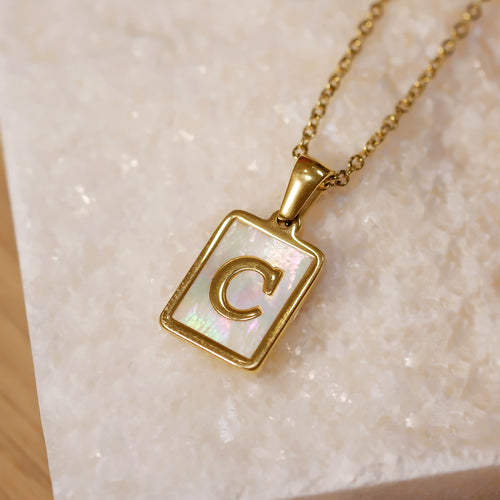 18K Gold Plated Initial Alphabet A-Z Rectangle Shell Pendant Charm Necklace