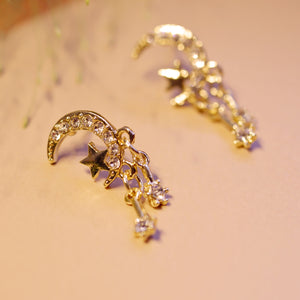 18K Gold Plated CZ Crescent Moon with Star Drop Earrings