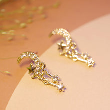 Load image into Gallery viewer, 18K Gold Plated CZ Crescent Moon with Star Drop Earrings