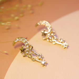 18K Gold Plated CZ Crescent Moon with Star Drop Earrings