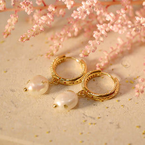 18K Gold Plated CZ Gold Foiled Pearl Drop Earrings