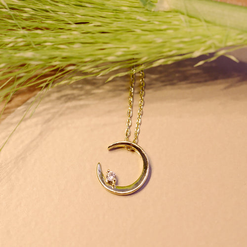 18K Gold Plated Crescent Moon with Circle CZ Necklace