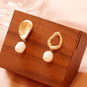 Matte Gold Plated Unbalanced Pearl Drop Earrings