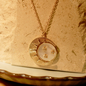 18K Gold Plated Oversized Sun Moon Star Rotating Shell Pendant Necklace