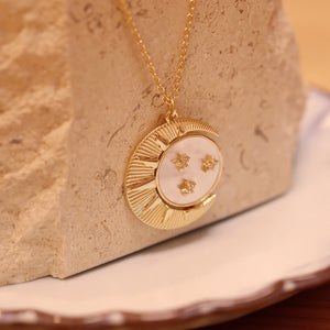 18K Gold Plated Oversized Sun Moon Star Rotating Shell Pendant Necklace