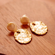 Load image into Gallery viewer, 18K Gold Plated Rippled Dise Button Shaped Baroque Pearl Drop Earrings