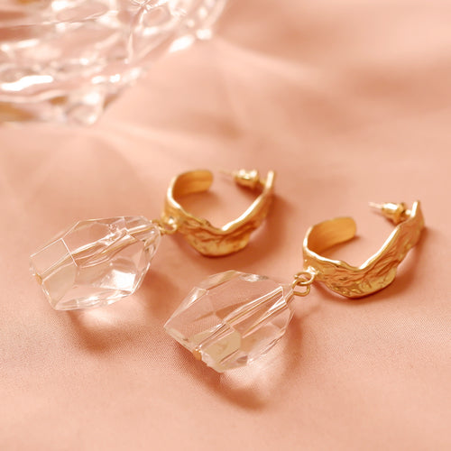 Matte Gold Plated Transparent Diamond Shaped Drop Earrings