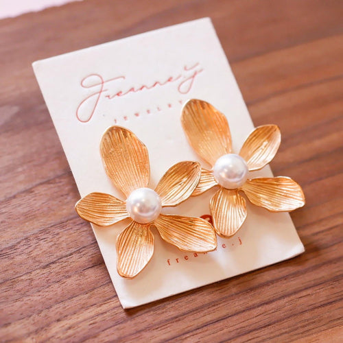 Over-sized Pearl Flower Earrings in Brass