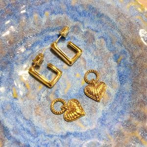 18K Gold Plated 2-Way Heart C-Shape Hanging Earrings