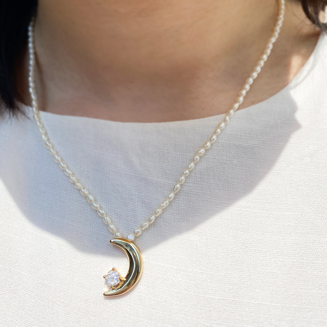 Crescent Moon with Cubic Zirconia Pearl Necklace