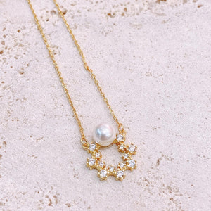 18K Gold Plated Pearl and Cubic Zirconia Flower Ring Necklace