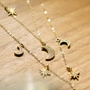 18K Gold Plated Crescent Moon and Star Necklace