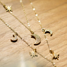 Load image into Gallery viewer, 18K Gold Plated Tiny Crescent Moons and Stars Necklace