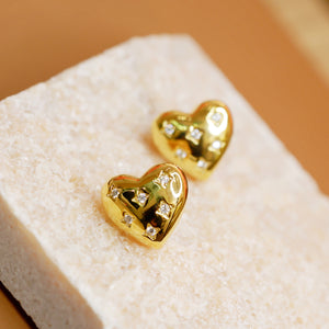 18K Gold Plated 3D Heart Cubic Zirconia Stud Earrings