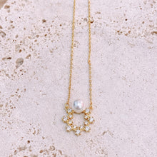 Load image into Gallery viewer, 18K Gold Plated Pearl and Cubic Zirconia Flower Ring Necklace