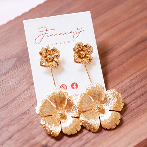 Double Flower Drop Earrings in Brass