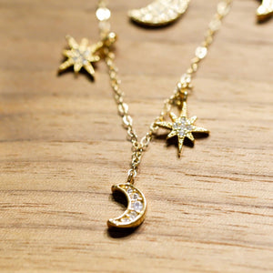 18K Gold Plated Tiny Crescent Moons and Stars Necklace