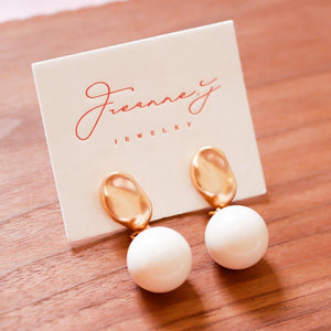 Matte Gold Plated White Resin Bead Drop Earrings
