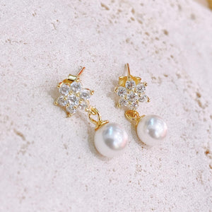 18K Gold Plated Zircon Flower with Pearl Earrings