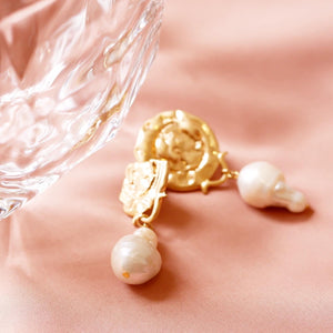 Unbalanced Vintage Coin Fragment Baroque Pearl Earrings