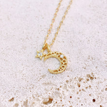 Load image into Gallery viewer, 18K Gold Plated Tiny Hollow-out Crescent Moon with Star Necklace