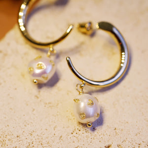 18K Gold Plated C Shape Gold Foiled Baroque Pearl Drop Earrings