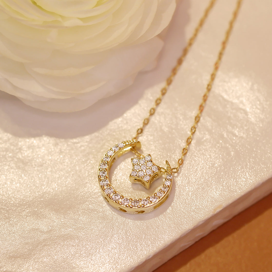 18K Gold Plated Cubic Zirconia Crescent Moon and Star Necklace