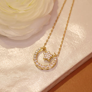 18K Gold Plated Cubic Zirconia Crescent Moon and Star Necklace