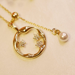 18K Gold Plated CZ Star Hollow-out Pendant with Pearl Necklace