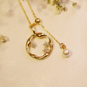 18K Gold Plated CZ Star Hollow-out Pendant with Pearl Necklace