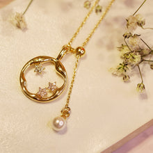 Load image into Gallery viewer, 18K Gold Plated CZ Star Hollow-out Pendant with Pearl Necklace