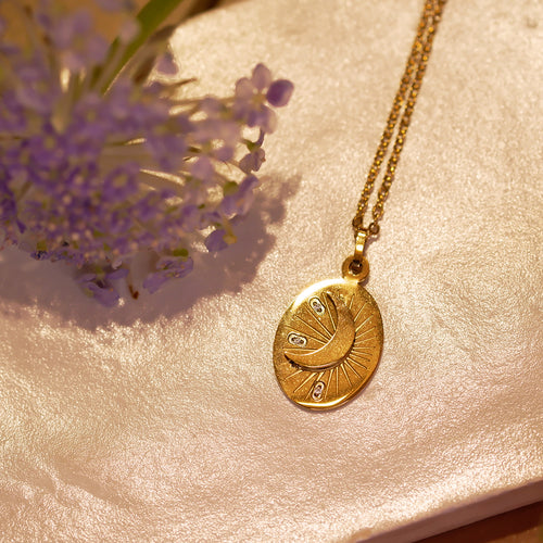 18K Gold Plated Crescent Moon Oval Embossed Pendant Charm Necklace