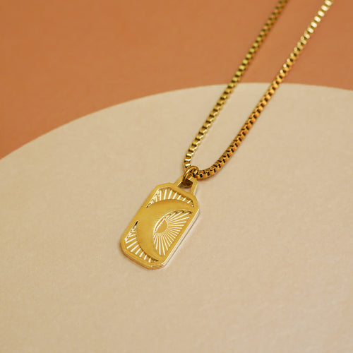 18K Gold Plated Crescent Moon Embossed Pendant Charm Necklace
