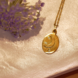 18K Gold Plated Crescent Moon Oval Embossed Pendant Charm Necklace