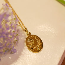 Load image into Gallery viewer, 18K Gold Plated Crescent Moon Oval Embossed Pendant Charm Necklace