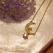 Load image into Gallery viewer, 18K Gold Plated CZ Crescent Moon and Star Necklace