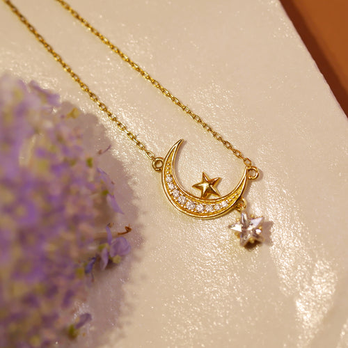 18K Gold Plated CZ Crescent Moon and Star Necklace