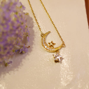 18K Gold Plated CZ Crescent Moon and Star Necklace