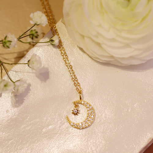 18K Gold Plated Crescent Moon and Tiny Star Necklace