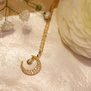 18K Gold Plated Crescent Moon and Tiny Star Necklace