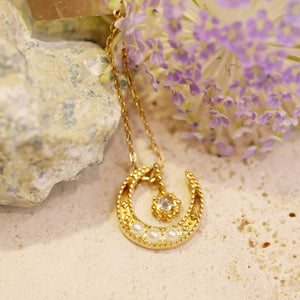 18K Gold Plated Crescent Moon with Moonstone Necklace