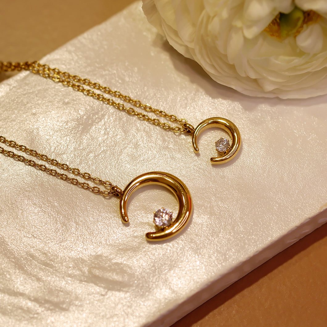 18K Gold Plated Crescent Moon with CZ Necklace