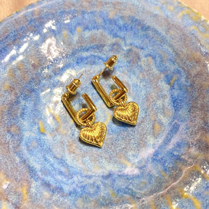 18K Gold Plated 2-Way Heart C-Shape Hanging Earrings