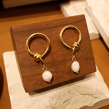 Load image into Gallery viewer, 18K Gold Plated Double Knot Baroque Pearl Drop Earrings