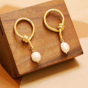18K Gold Plated Double Knot Baroque Pearl Drop Earrings