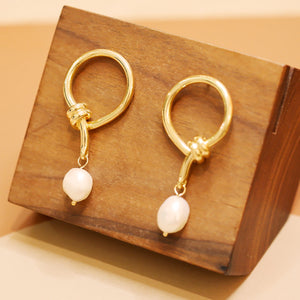 18K Gold Plated Double Knot Baroque Pearl Drop Earrings