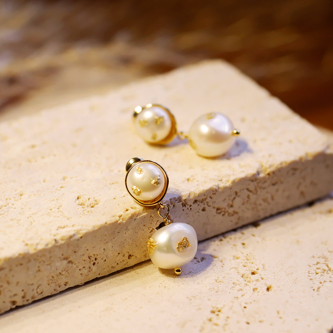 Double Gold Foiled Pearl Drop Earrings