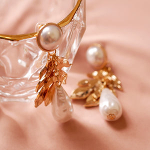 18K Gold Plated Drop Shaped Pearl and Leaf Drop Earrings