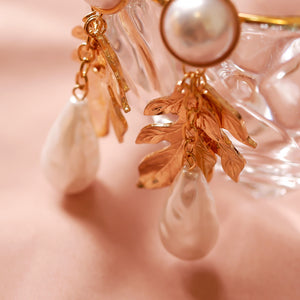 18K Gold Plated Drop Shaped Pearl and Leaf Drop Earrings