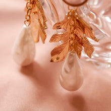 Load image into Gallery viewer, 18K Gold Plated Drop Shaped Pearl and Leaf Drop Earrings